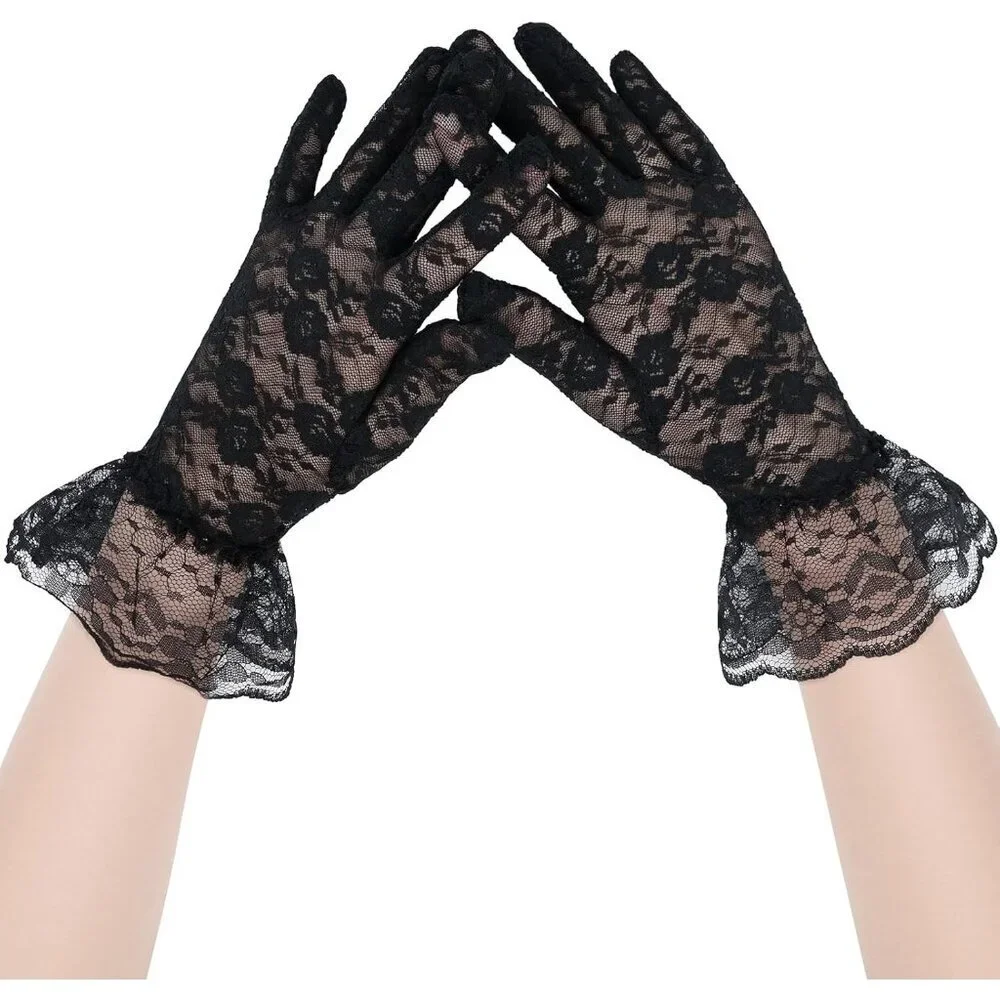 Women's Black Short Nylon Mesh Imported Nylon Sheer Lace Ruffles Gloves